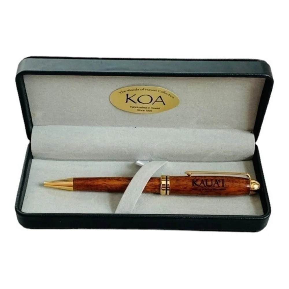 NIB Koa Wood Euro Style Pen Handcrafted Hawaiian Gold Trim Gift Box 6